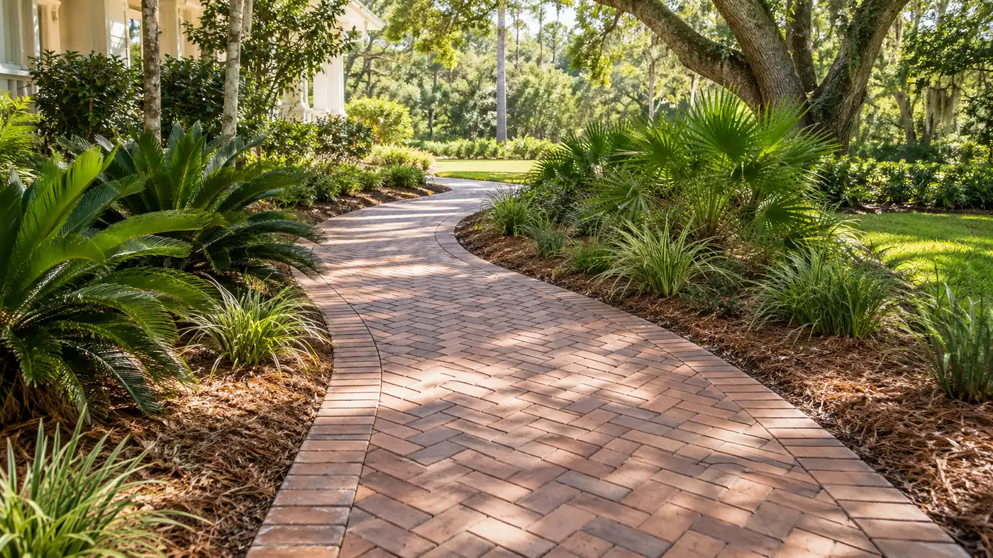 Curved brick walkway Concept rendering: curved herringbone brick paver walkway through palmetto beds under a live oak in Nassau County, FL