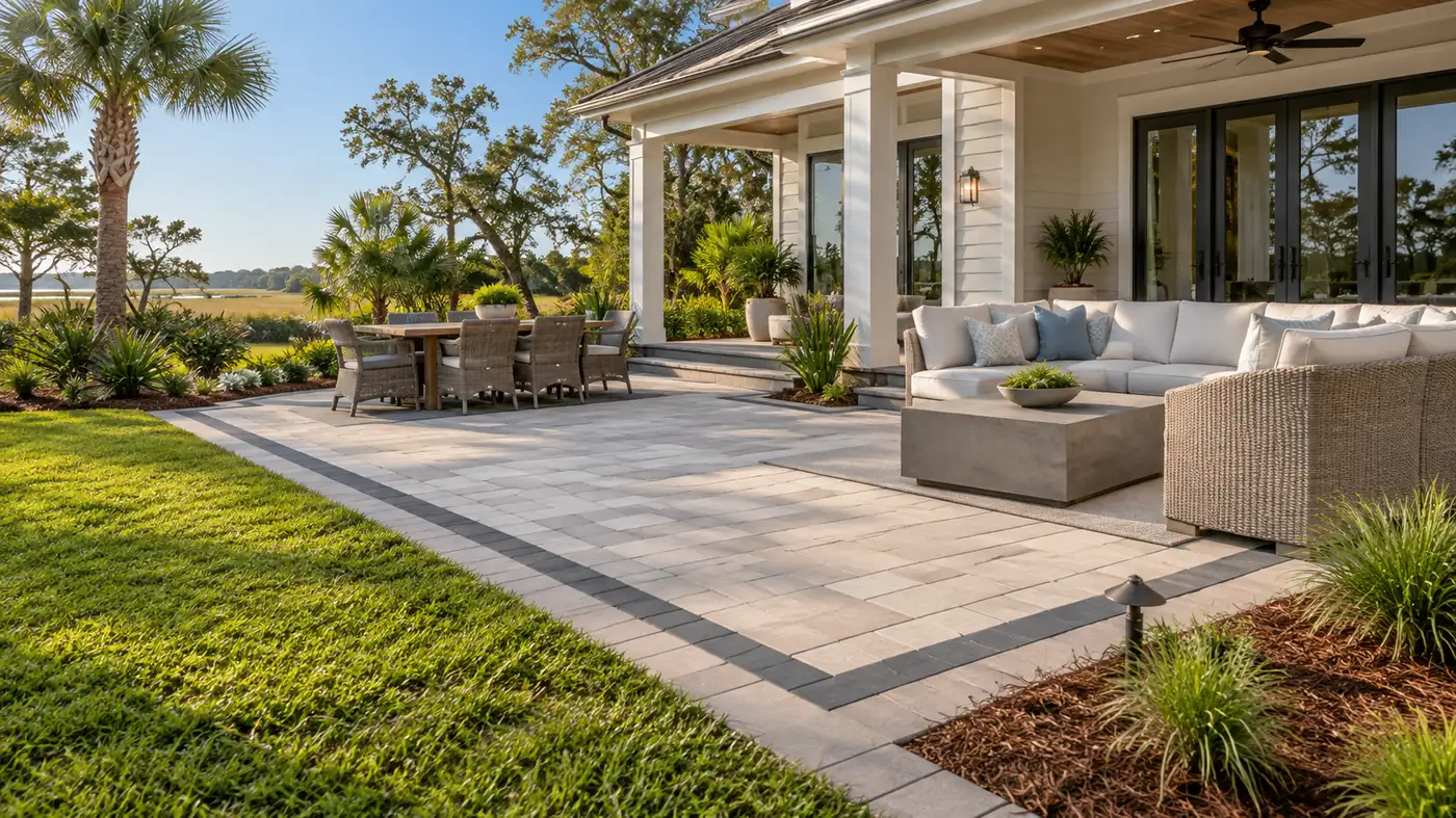 Patio off a covered porch Concept rendering: paver patio with a sectional off a covered porch with a marsh view in Nassau County, FL