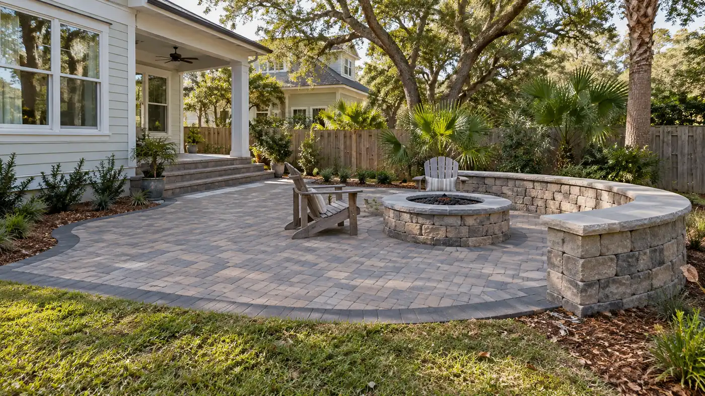 Patio, fire pit and seat wall Concept rendering: paver patio with a round fire pit and curved seat wall under live oaks in Nassau County, FL