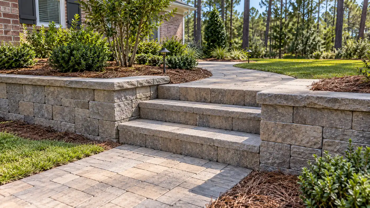 Wall with paver steps Concept rendering: block retaining walls flanking paver steps on a garden walkway in Nassau County, FL